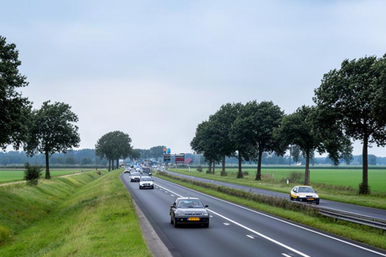 Verkeer rijdt over een provinciale weg bij Druten met open landschap en bomen langs de rijbaan